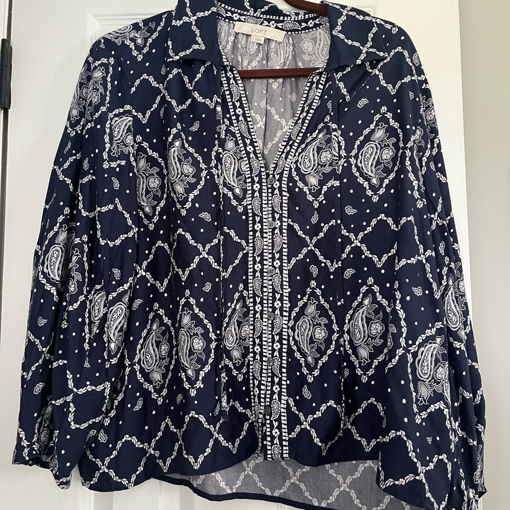 LOFT Blue and White Boxy 3/4 Sleeve Blouse